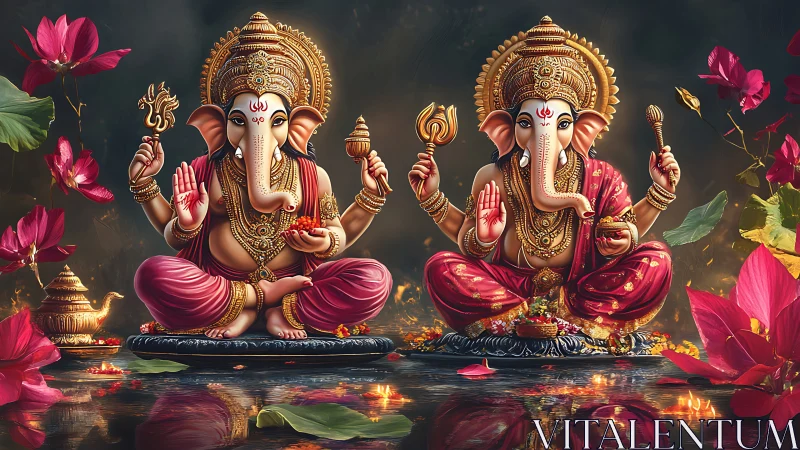 Twin Ganesha guardians pour golden calm into lotus-lit dusk