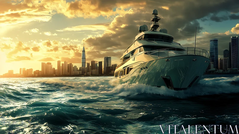 Luxury yacht cuts through sunset waves near modern skyline.