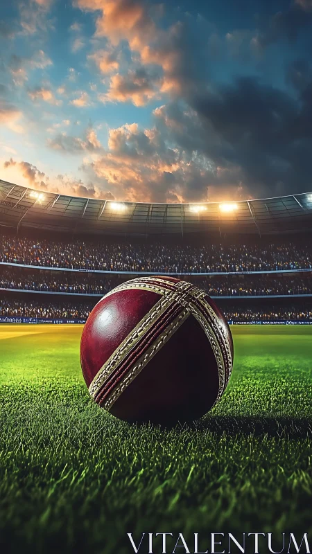 Cricket ball on stadium grass under dramatic evening sky.