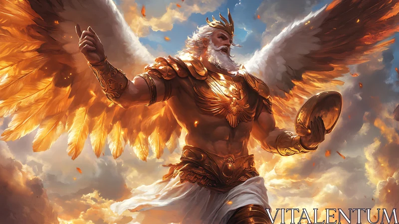 Winged sunlord ascends in blazing celestial armor above clouds.