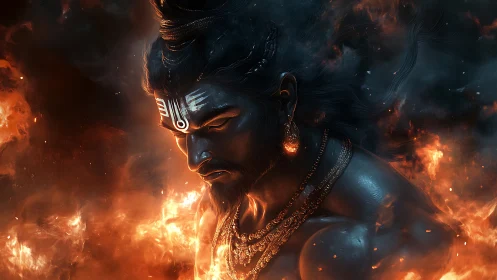 Mythic warrior portrait in infernal orange and teal firestorm