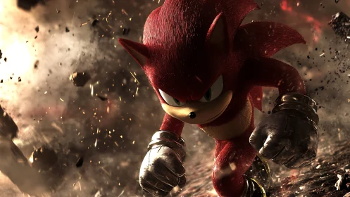 Red hedgehog warrior charges through explosive debris field