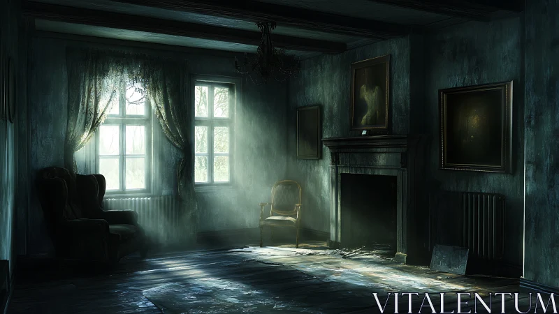 Dust-lit parlor of forgotten chairs and whispering frames.