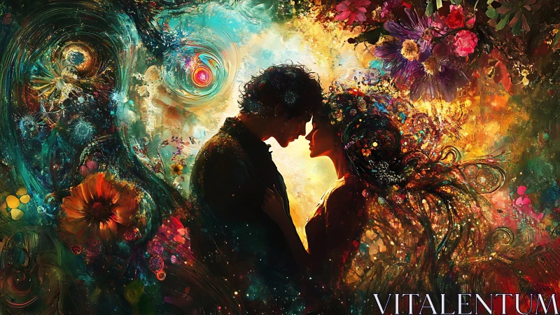 Silhouetted figures merged with layered floral and geometric visual elements