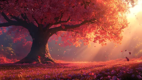 Sunlit tree with dense red foliage occupies a grassy landscape