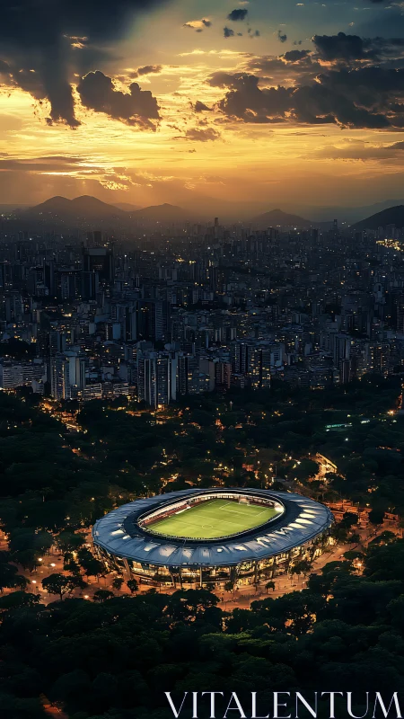 Football stadium under city skyline at dramatic sunset.