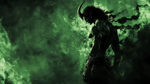 Horned demon warrior emerges through swirling green fire.