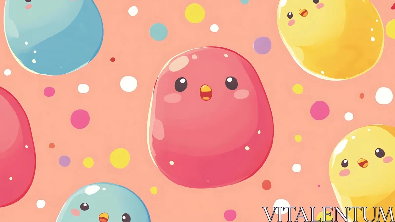 Colorful Rounded Characters on Coral Background.