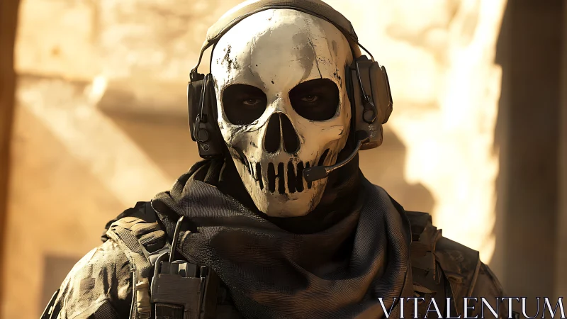 Tactical operator in skull mask with headset in warm key lighting