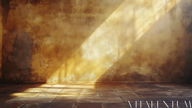 Golden sunlight cuts across a weathered rustic wall