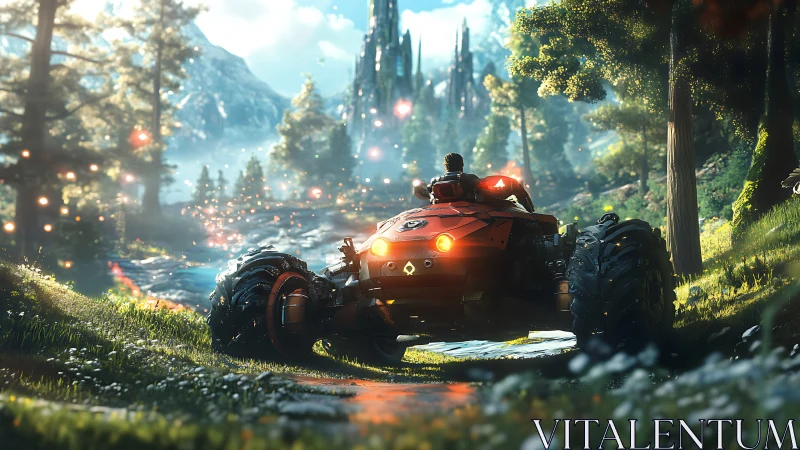 Off-road rover hums toward crystal spires through fairy mist