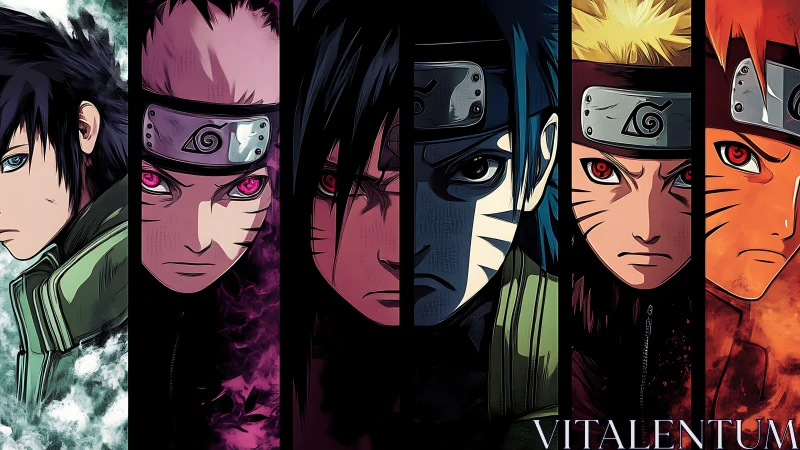 Intense split-panel portraits of five Naruto characters.