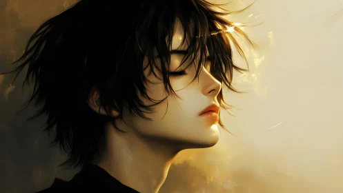 Softly glowing portrait of a serene, wind-kissed dreamer.