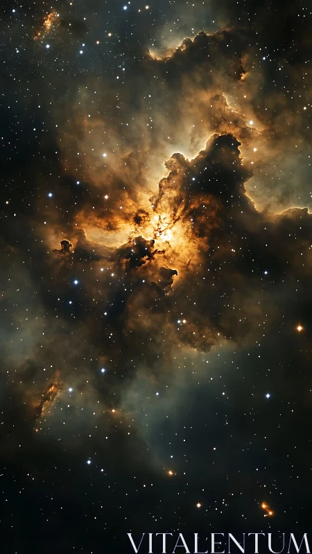 Dense star-forming nebula with bright core and dust clouds.