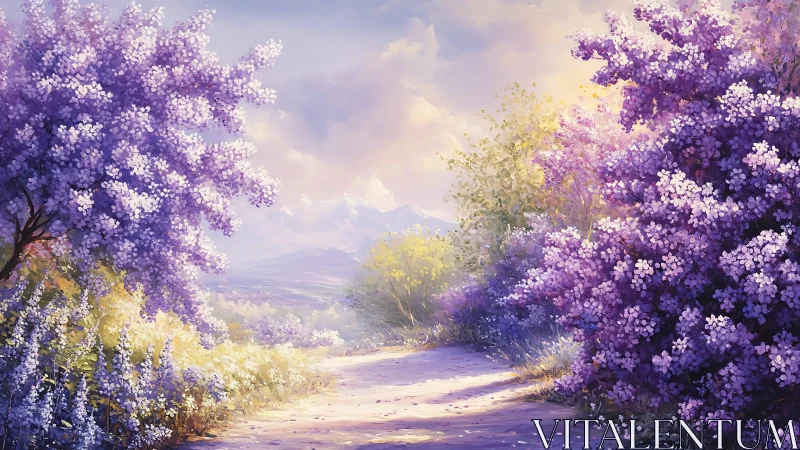 Spring pathway framed by dense lilac blossoms and hazy mountains