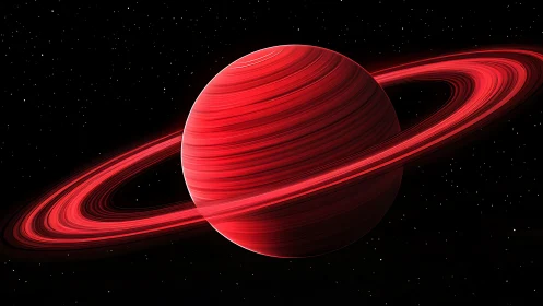 Red gas giant with luminous rings orbits in deep space