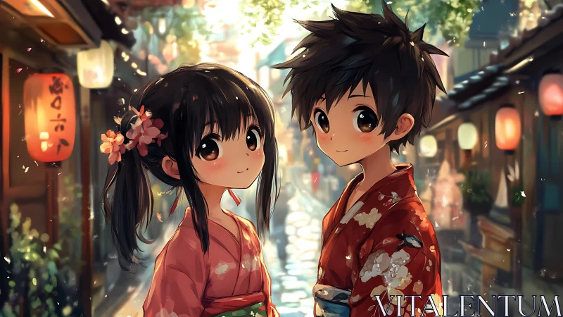 Twin children in floral yukata on lantern lit festival street