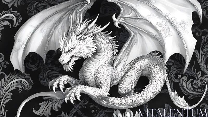 Monochrome draconic anatomy rendered in ornate chiaroscuro detail.