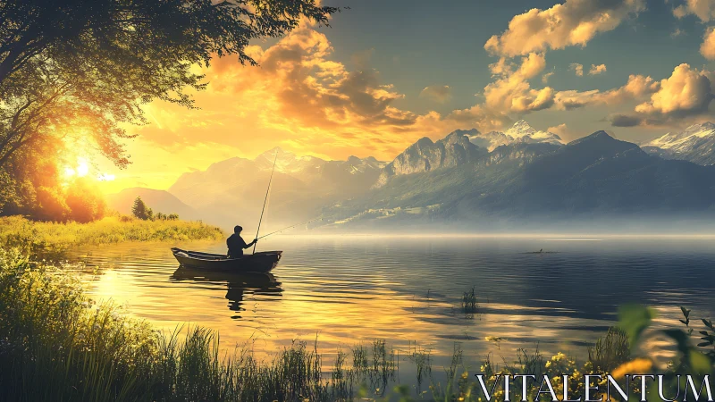 Silhouette fisherman sits in rowboat on calm mountain lake sunset