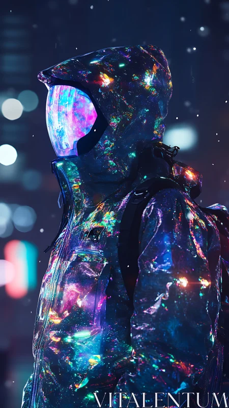 Neon-clad space wanderer stands in a dreamy cyberpunk rain