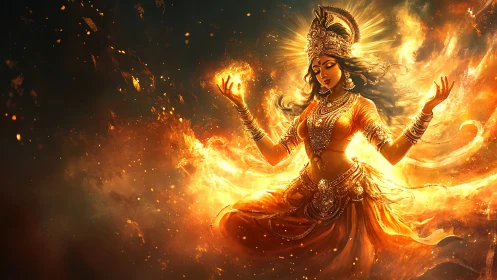 Radiant fire goddess dancing in swirling golden light.