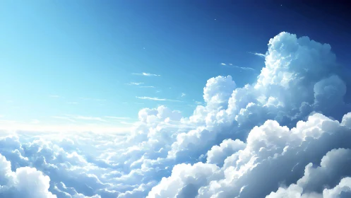 Cumulus cloudscape under clear blue daytime sky.