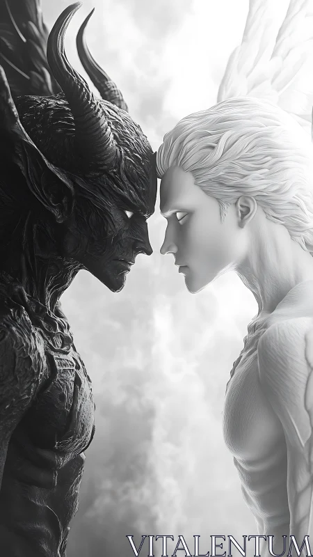 Angel and demon confront each other in stark monochrome contrast.