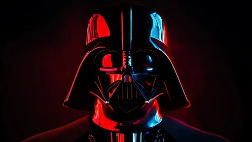 Cyberpunk portrait of armored sci-fi helm in split neon lighting.