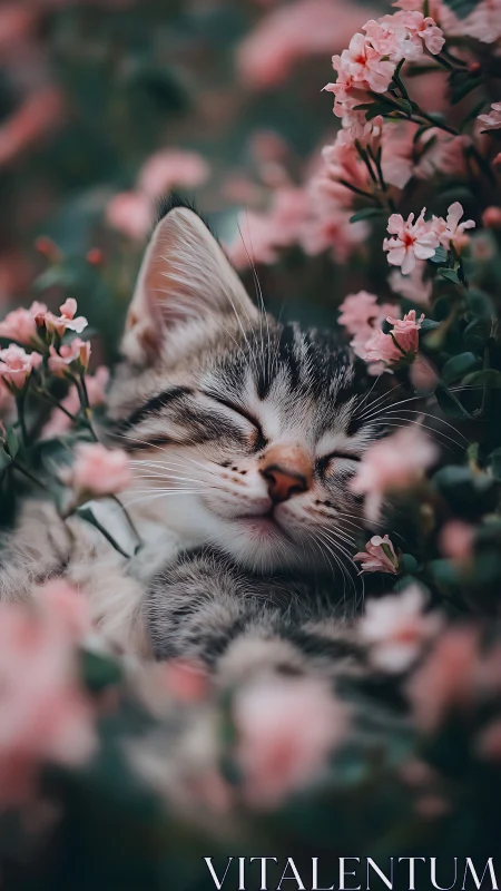 Tabby Kitten Among Pink Flowers in Soft Focus.