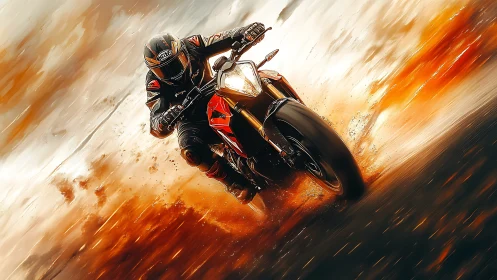 High-speed sport motorcycle leans into corner with dynamic motion blur
