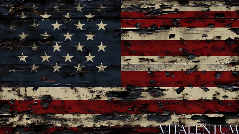 Weathered American flag painted on distressed wooden boards.