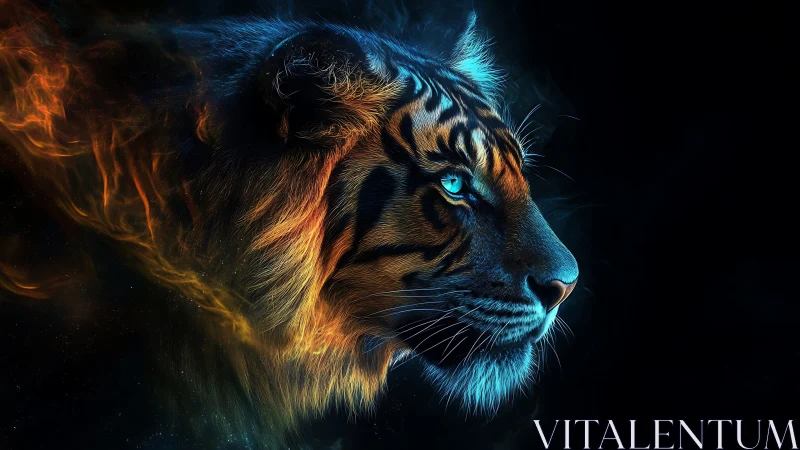 Tiger profile in glowing blue and orange cosmic light.