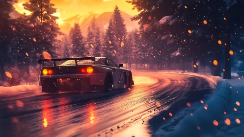 Twilight drift racer carving firelight across icy pines.