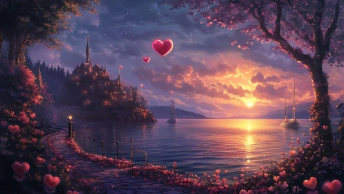 Sunset Castle Fantasy Landscape with Heart Motifs.