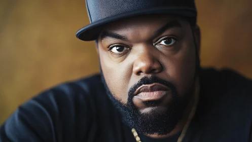Intense close-up portrait with soft golden bokeh backdrop.