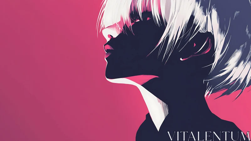 Stark profile portrait in bold pink and indigo contrasts.