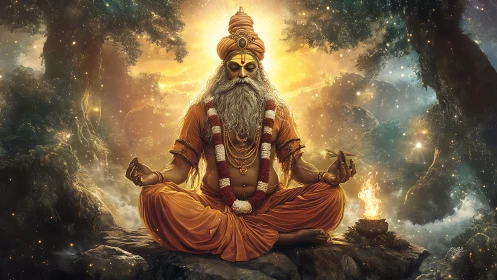 Meditating sage in glowing forest with mystical fire light.
