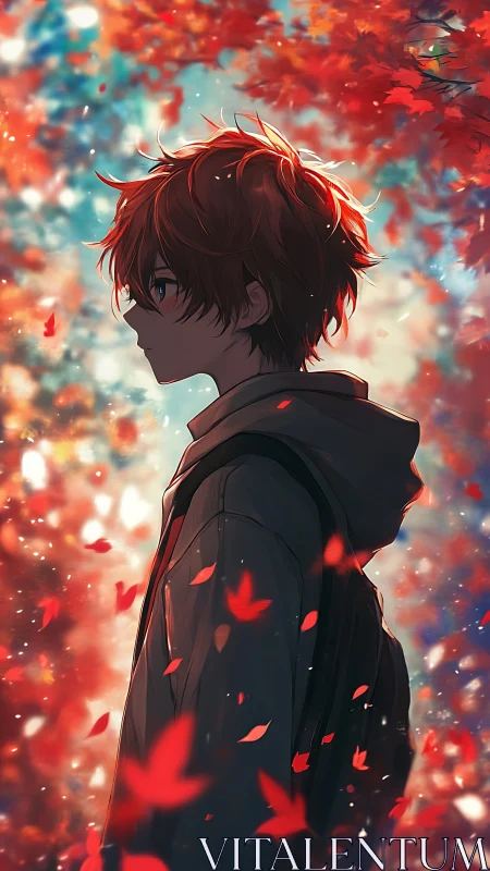 Profile of youth under autumn foliage in soft focus light.