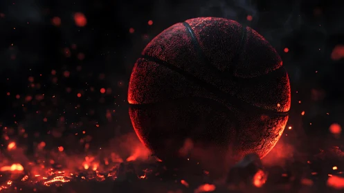 Molten textured basketball glowing within ember-filled darkness.