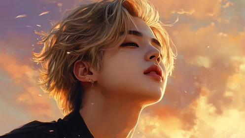 Blond androgynous portrait against vivid sunset sky.