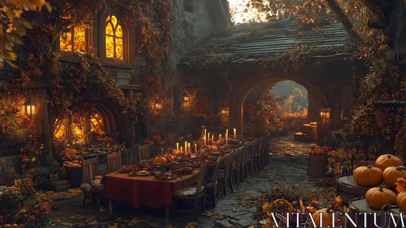 Candlelit autumn banquet in rustic courtyard, digital painting.