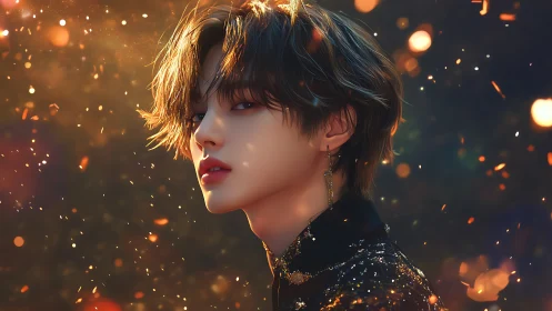 Backlit androgynous portrait amid dynamic bokeh ember field