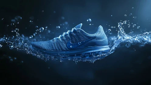 Blue running shoe slices through dynamic water splash.