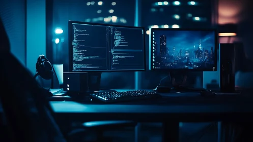 Dual-monitor coding workstation glows in a late-night city