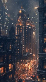 Snowy night city street with glowing clocktower and traffic.