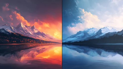 Bipolar alpine lake panorama with thermal color spectrum split.