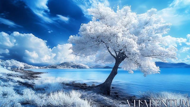 Winter-kissed lakeside tree leans softly toward serene blue water
