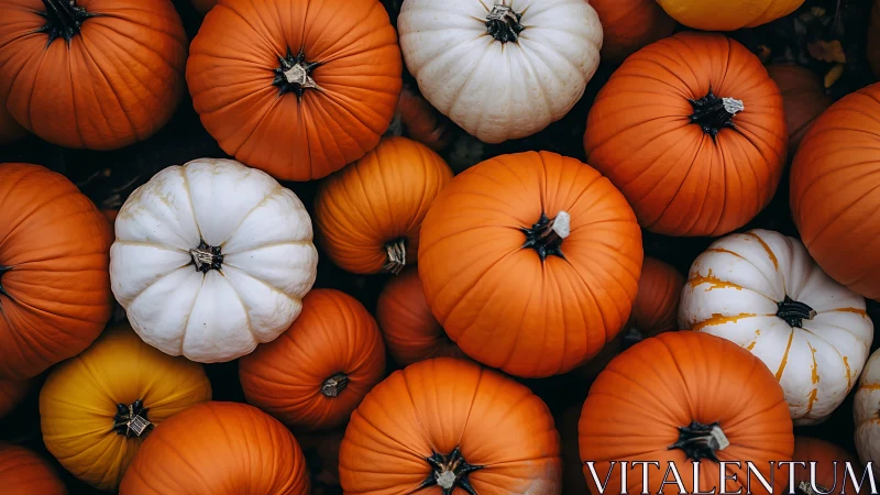 Mixed orange and white pumpkins create dense autumn pattern