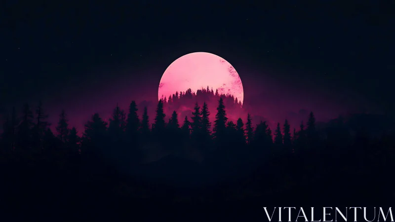 Pink full moon is positioned behind dense conifer forest