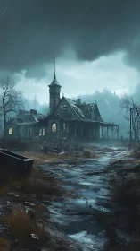 Storm-lashed abandoned mansion looms over flooded path.